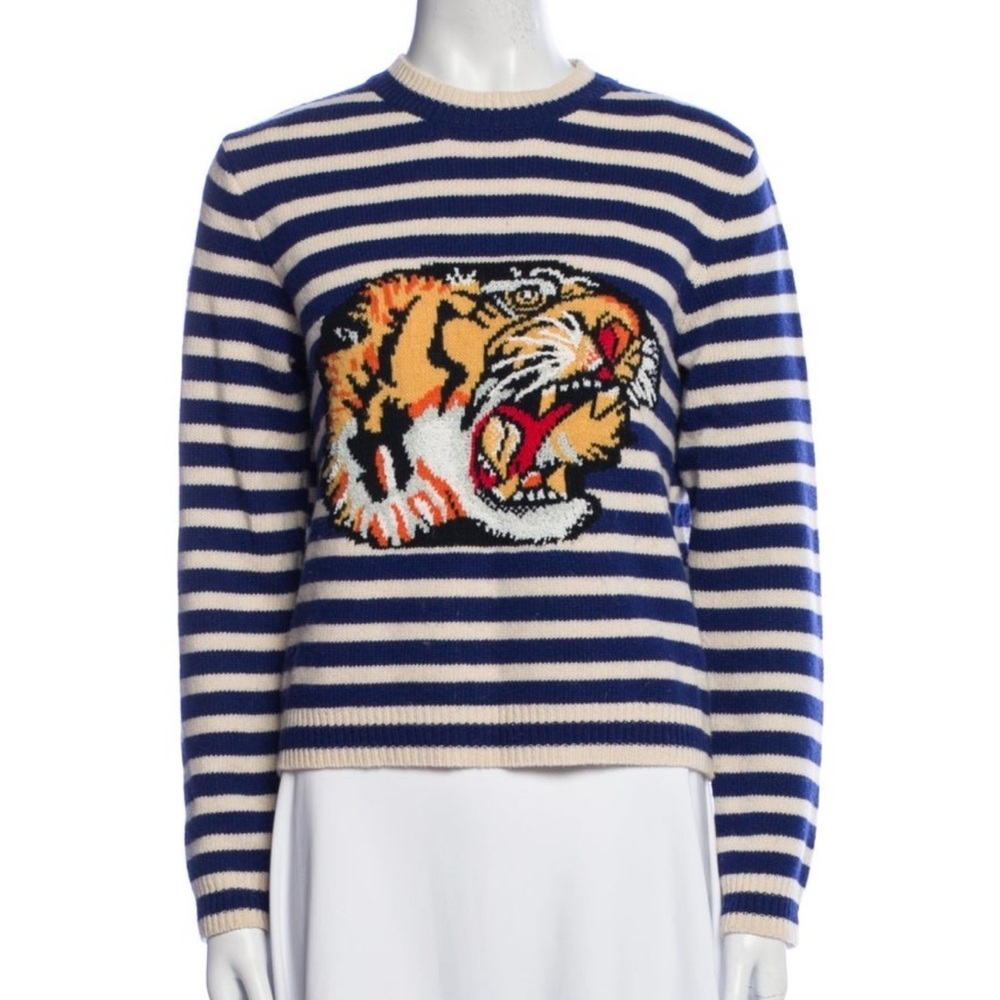 💋Gucci Blue and White Striped Tiger Sweater LB001 - Picture 2 of 6